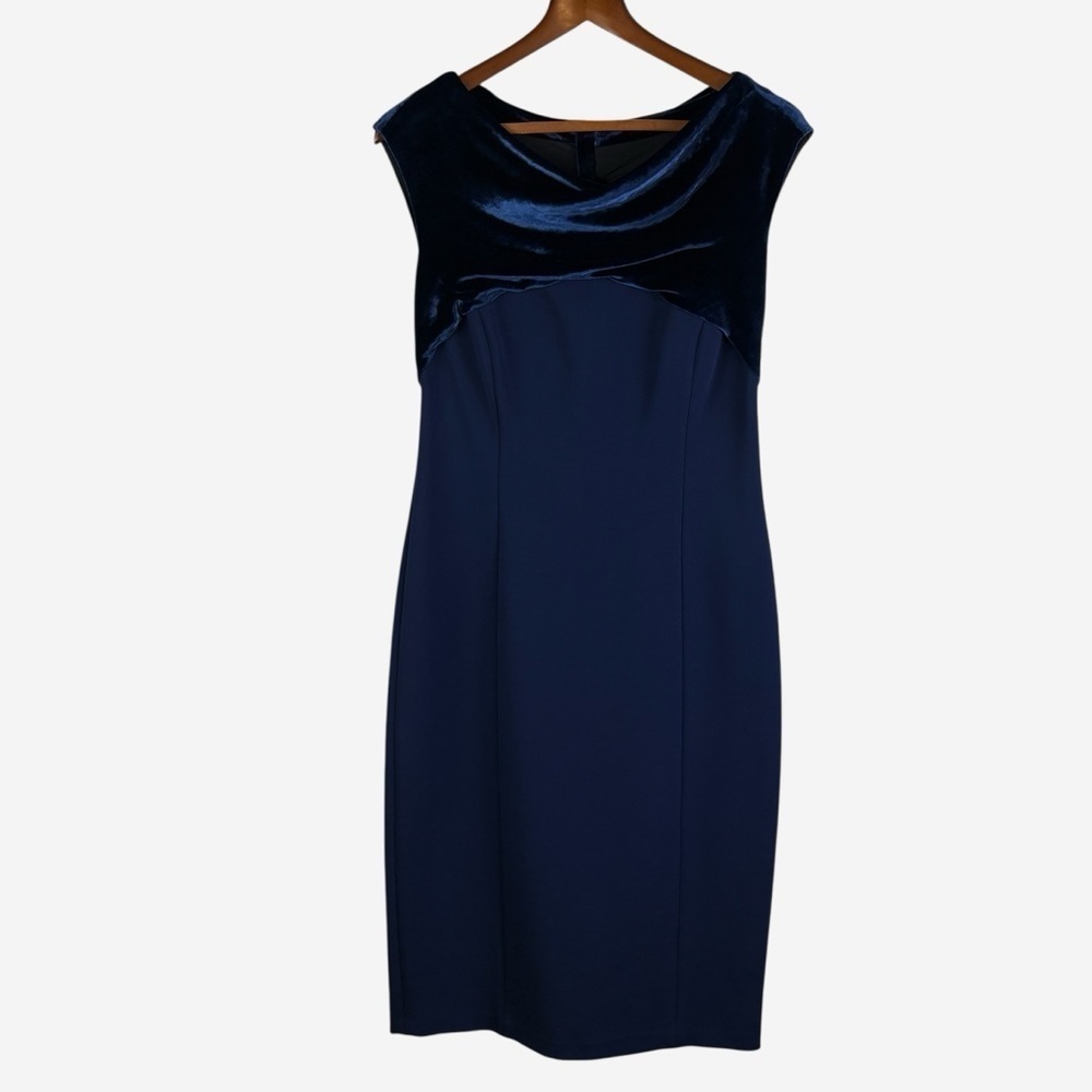 Lafayette 148 Draped Velvet Neckline Sleeveless Sheath Dress Size 8 Navy Blue